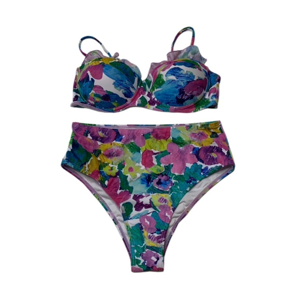 Pink and Blue High-Waisted Bikini Set‎ with Floral Print